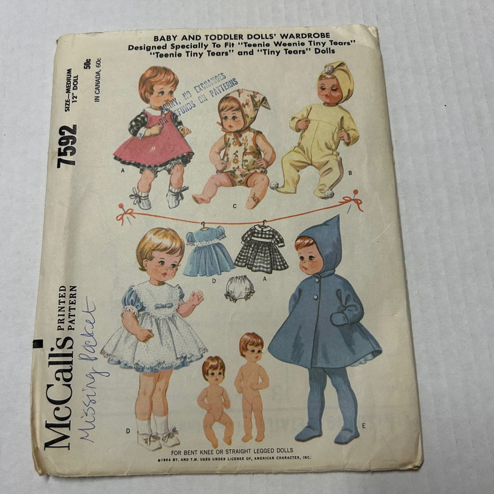 McCalls Vintage 1960's Pattern  #7592 Baby Toddler Doll Wardrobe Size M 12" Doll